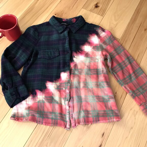 Upcycled Bleached Flannel Shirt, Juniors Medium: Cropped Style Distressed Top - Picture 8 of 9